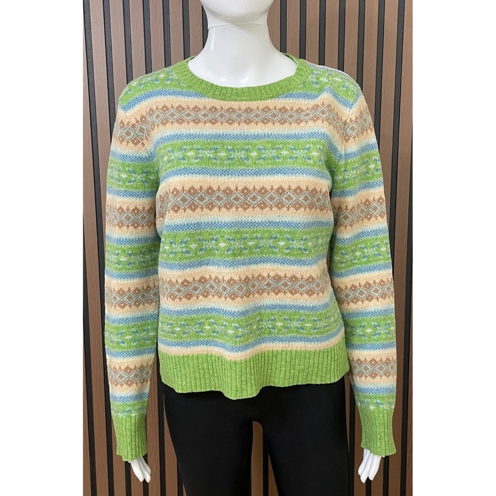 Quest Women's‎ M 100% Wool Sweater Green Blue Fair Isle Stripe Vintage Retro